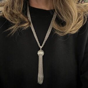 Vintage Trifari Mushroom Pendant Tassel Necklace 23in Silver Tone Twist Rope